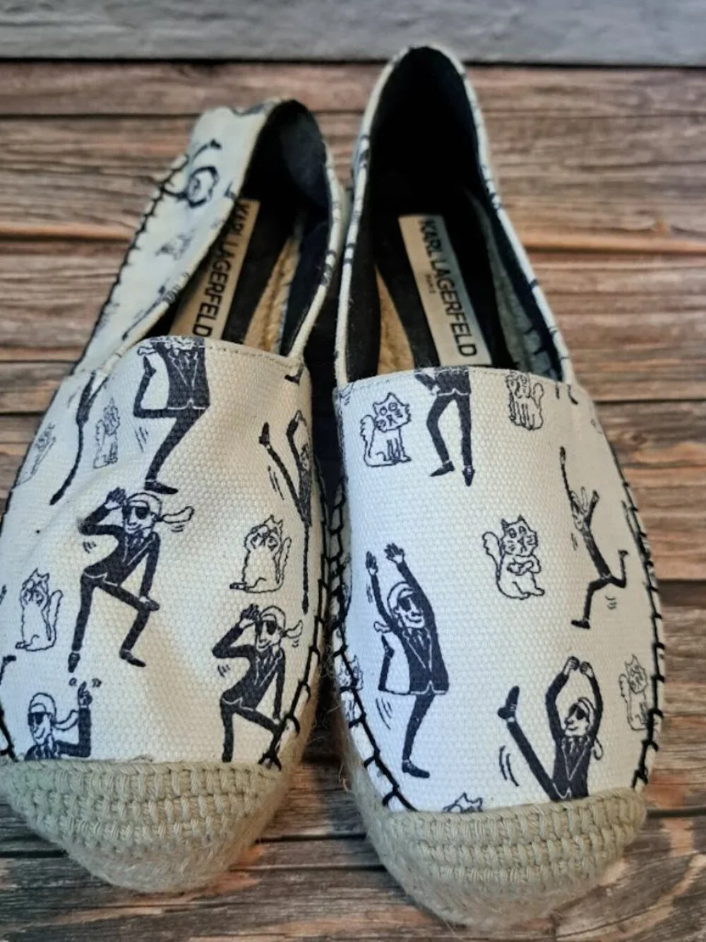 Karl Lagerfeld Cat and man cartoon print espadrille slip-on shoes size6 women's